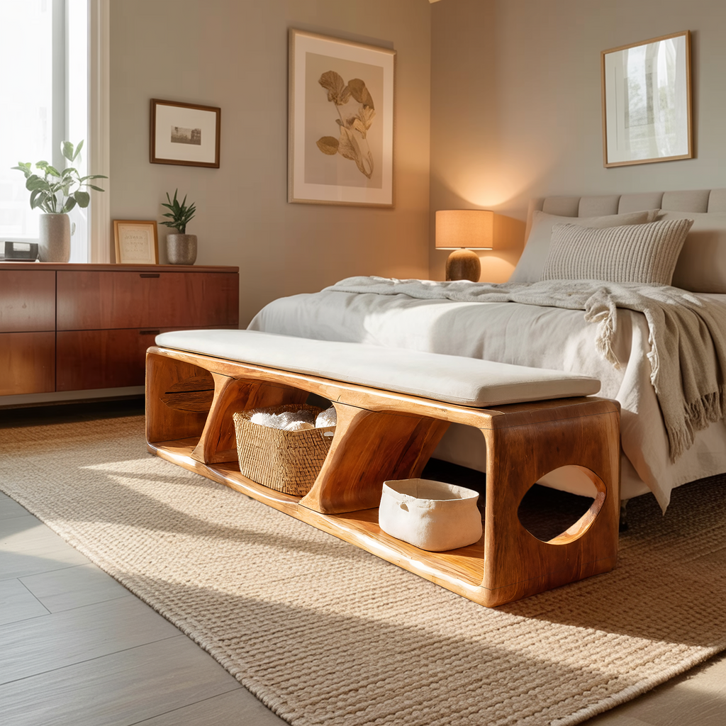 Mid Century Wood Bench For Warm Interior Spaces