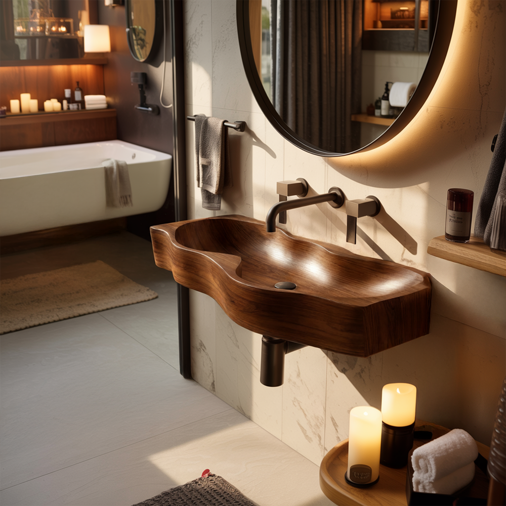 Mid Century Wooden Live Edge Wood Basin For High End Bathroom Decor
