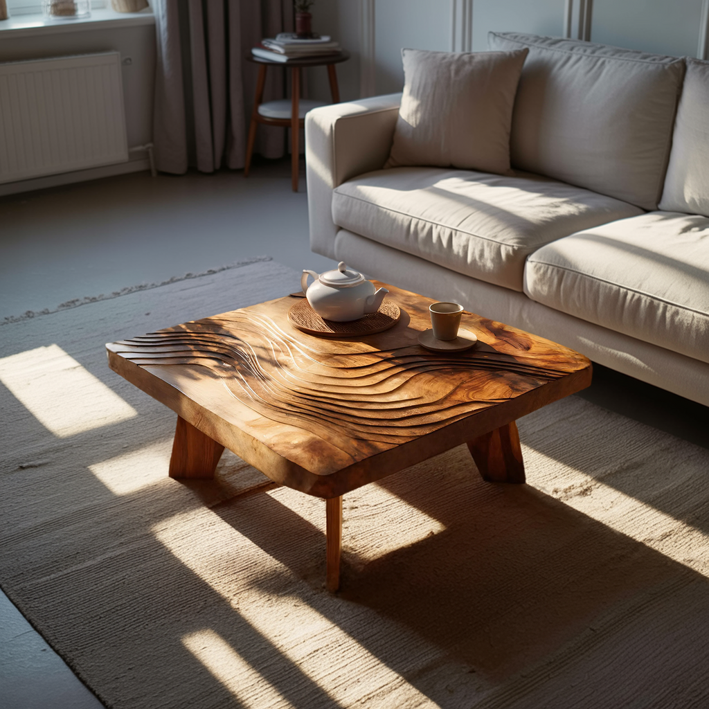 Mid Century Solid Wood Abstract Coffee Table For Living Room