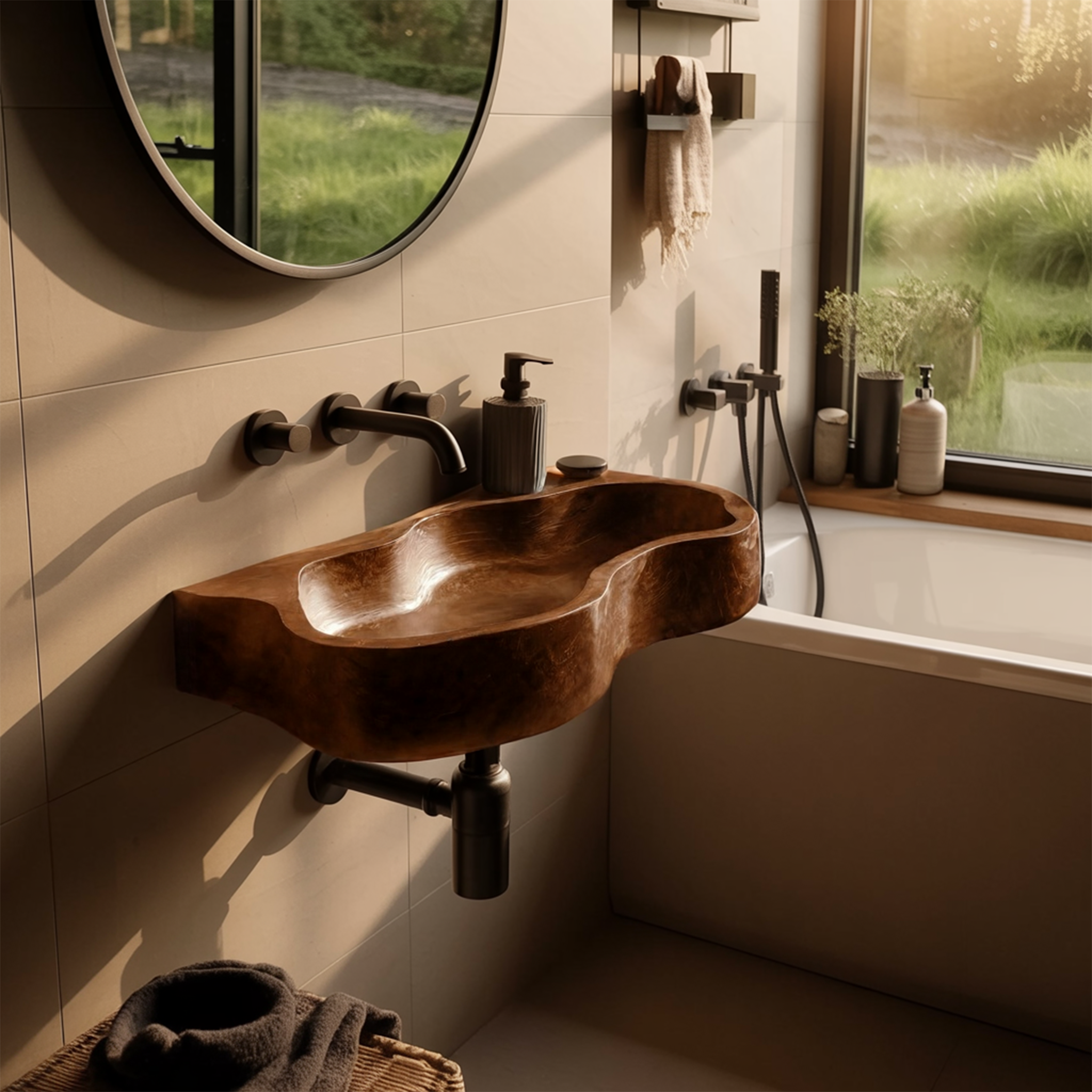 Farmhouse Solid Wood Wash Basin For Natural Bathroom Furniture Style