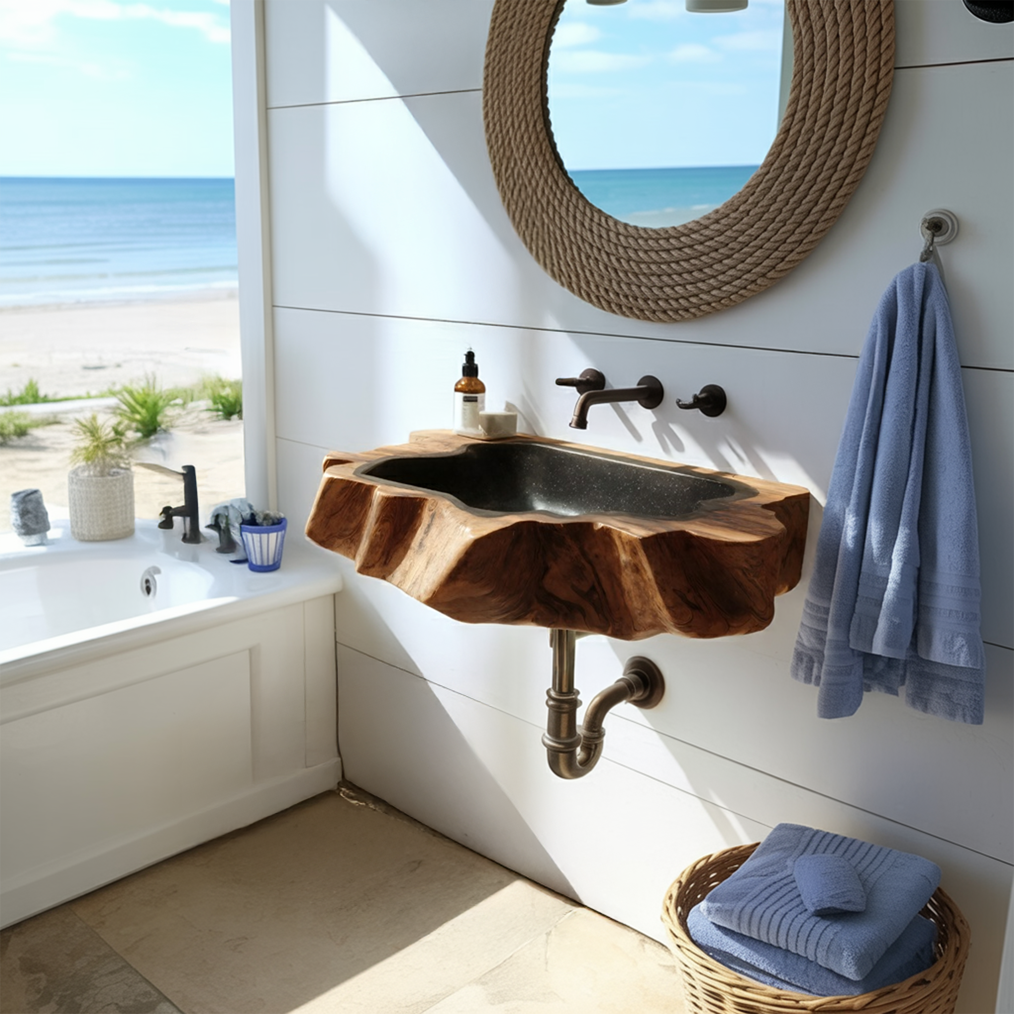 Handcrafted Wooden Wall Mounted Bathroom Sink For Natural Decor