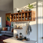 Modern Wooden Shelf With Hooks For Small Kitchen Design