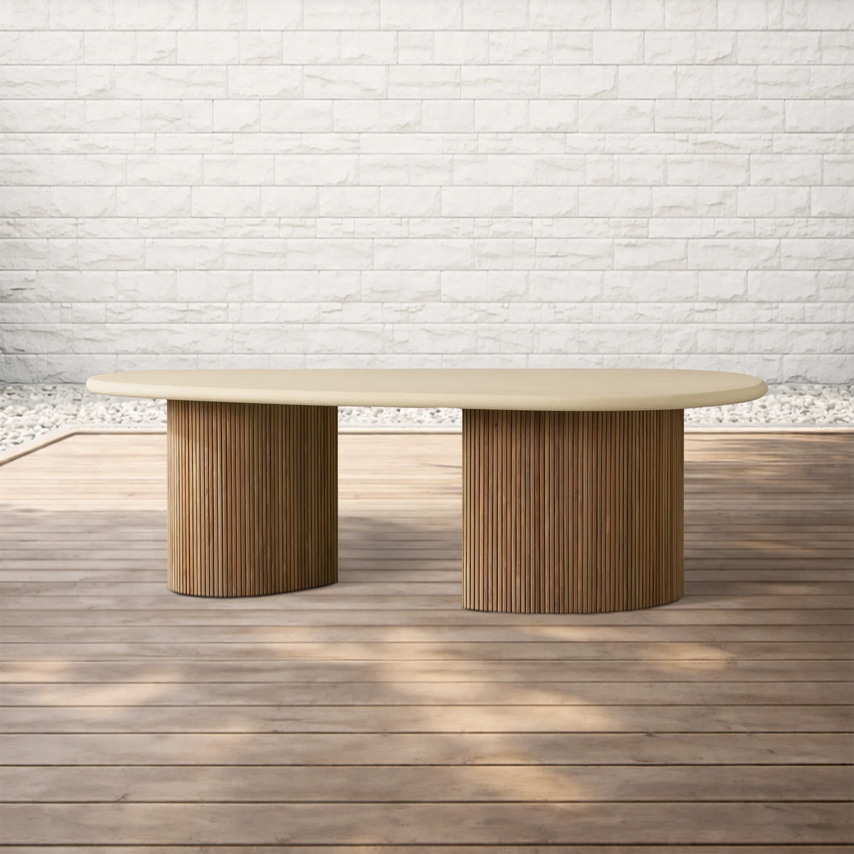 Alesso Organic Shape Outdoor Dining Table with Teak Base in Stone