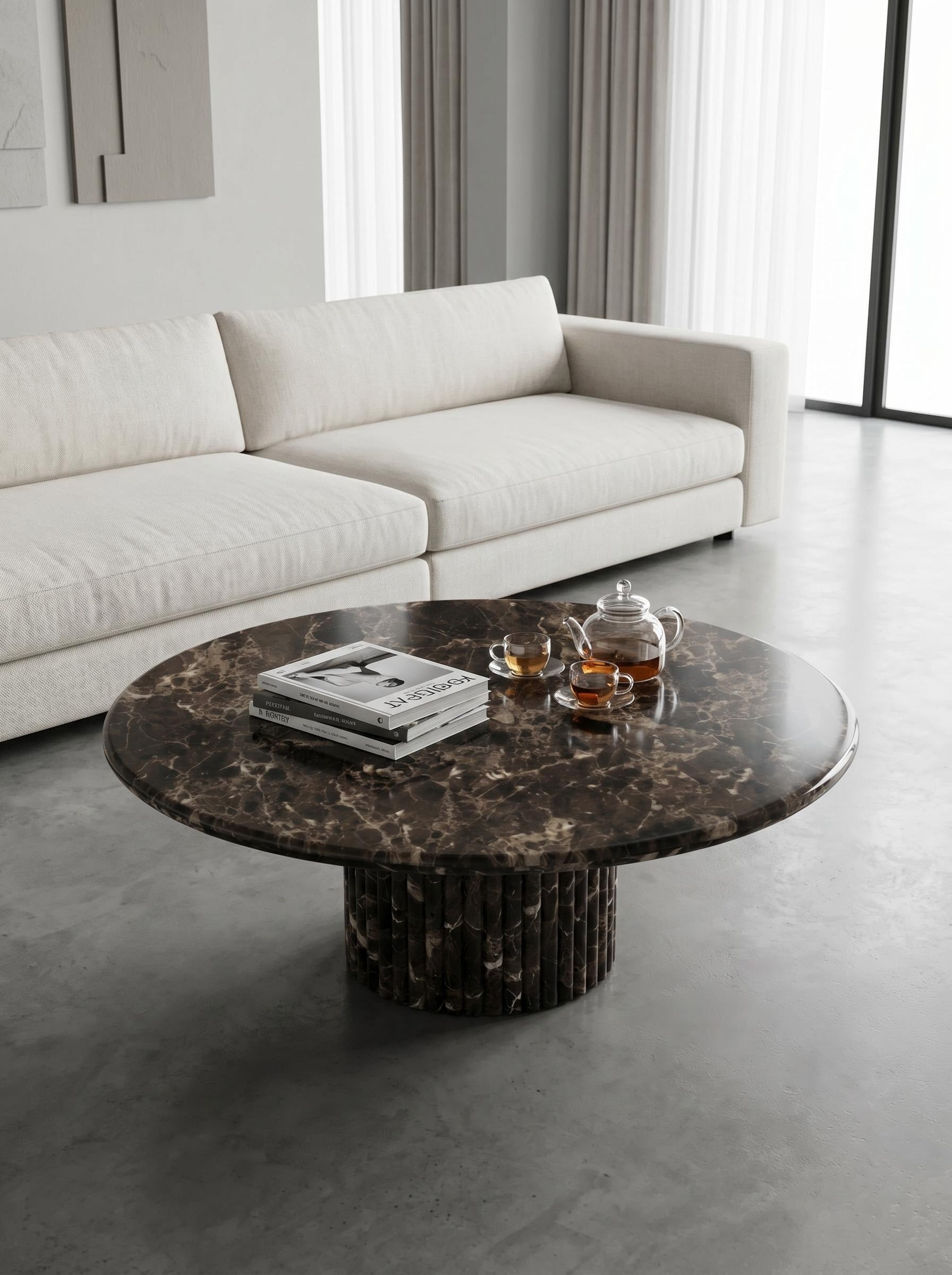 Emperador Marble Round Coffee Table with Sculptural Petal Base | Luxury Natural Stone Center Table