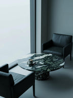 Luxury Green Forest Marble Petal Base Round Coffee Table | Sculptural Natural Stone Center Table