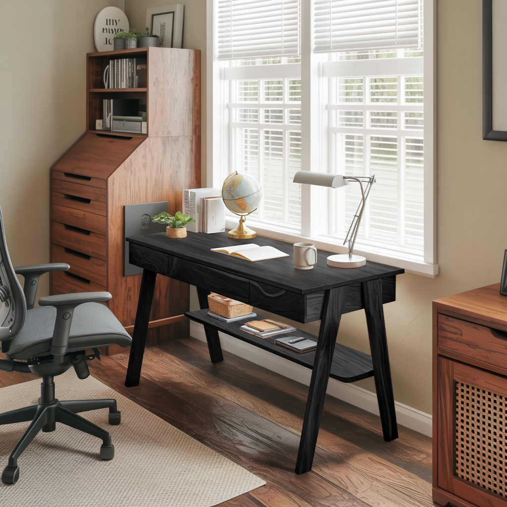 Mid Century Wooden Writing Desk With Drawers And Shelf For Home Office