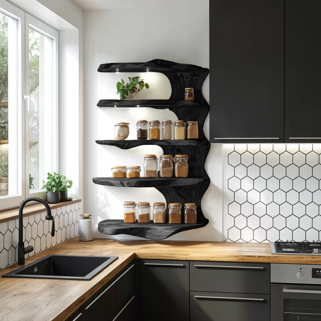 Rustic Kitchen Decor Wooden Spice Storage Shelf