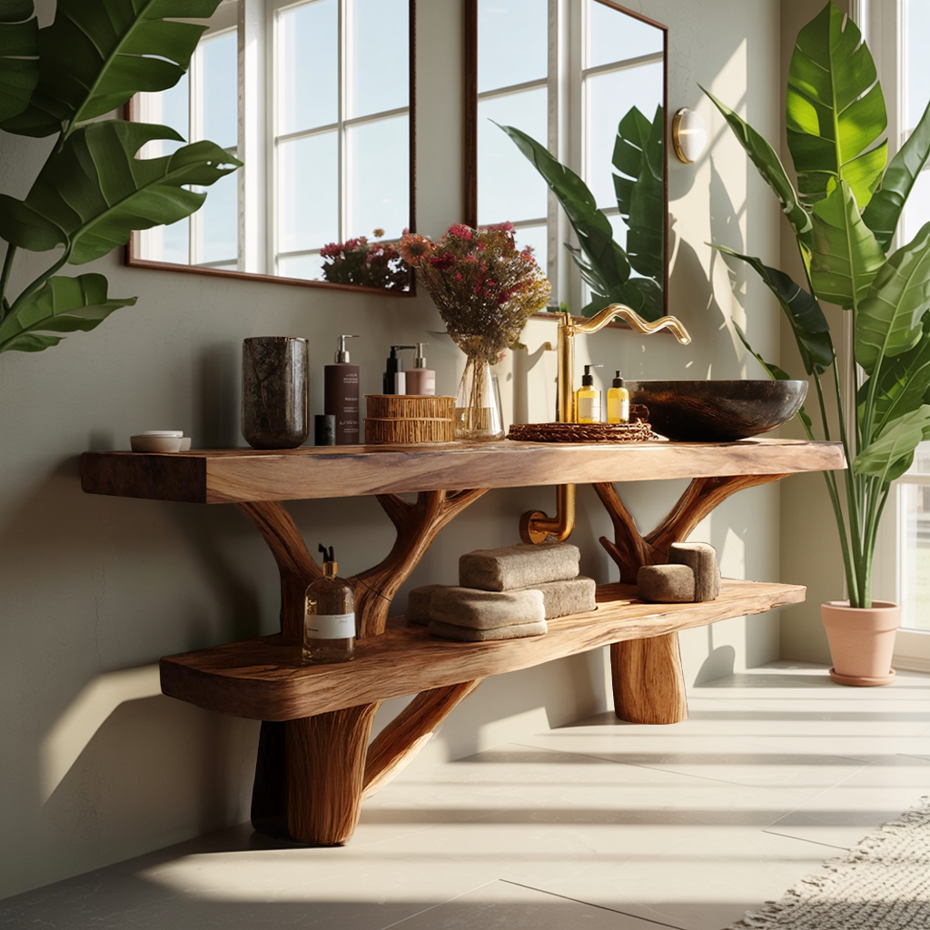 Mid Century Wooden Live Edge Bathroom Vanity For Elegant Bathroom Decor