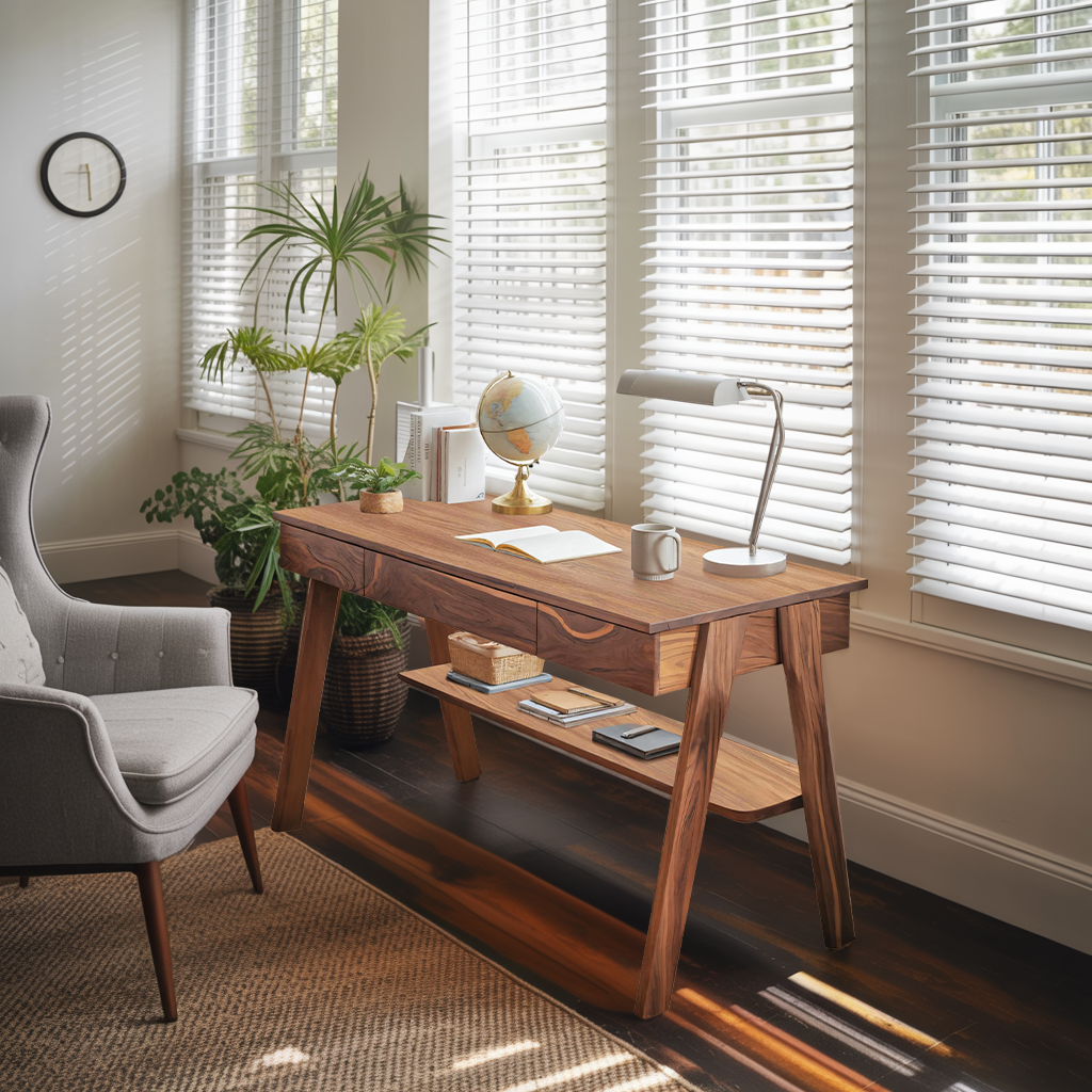 Mid Century Wooden Writing Desk With Drawers And Shelf For Home Office