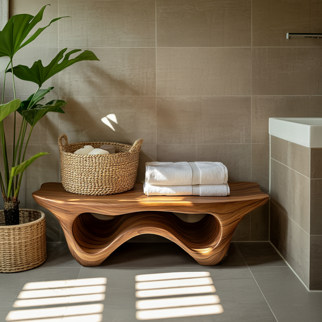 Sculptural Shower Bench With Storage Space For Luxury Bathroom