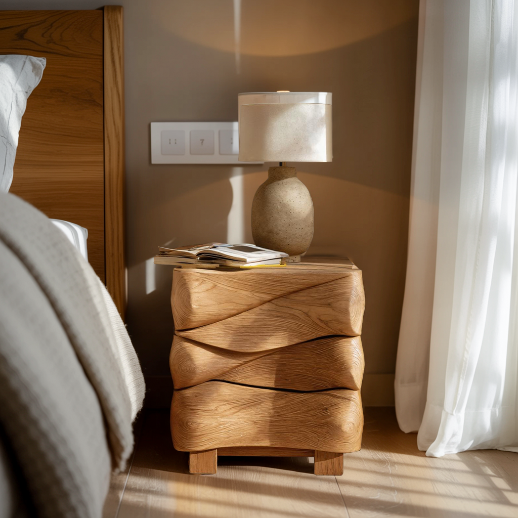 Modern Sculpted Nightstand With Wave Design For Bedroom