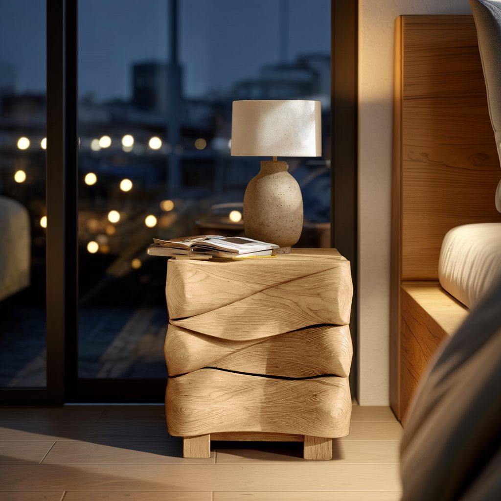 Modern Sculpted Nightstand With Wave Design For Bedroom