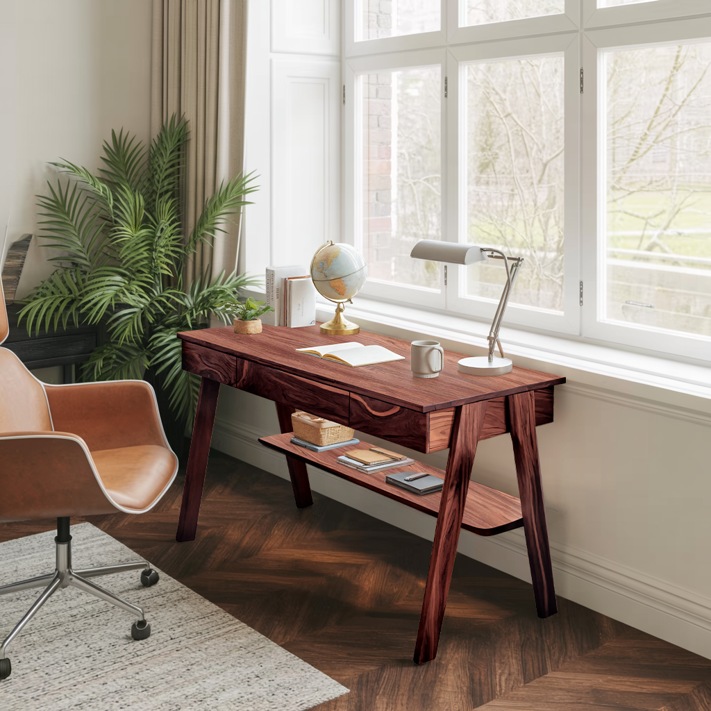 Mid Century Wooden Writing Desk With Drawers And Shelf For Home Office