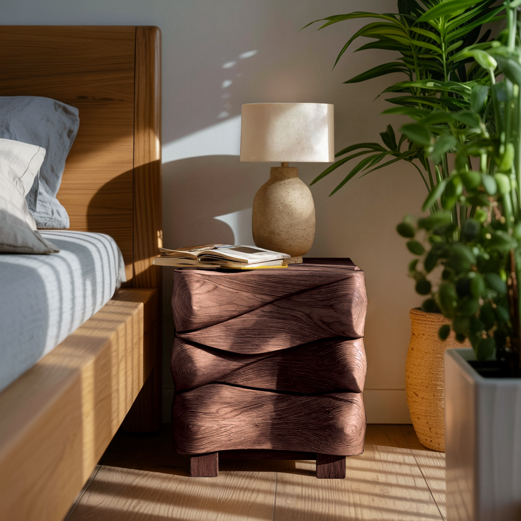 Modern Sculpted Nightstand With Wave Design For Bedroom