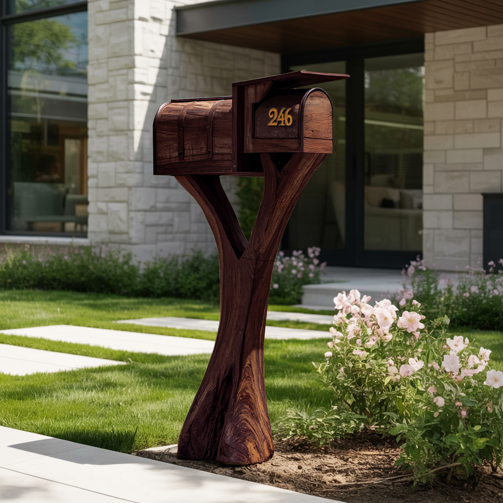 Farmhouse Wooden Sculpture Mailbox For Garden Yard Rustic Accent