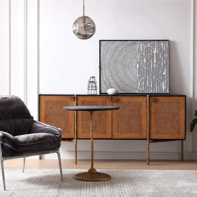 Hand-Forged Metal Metal Frame Rattan Long Side Cabinet