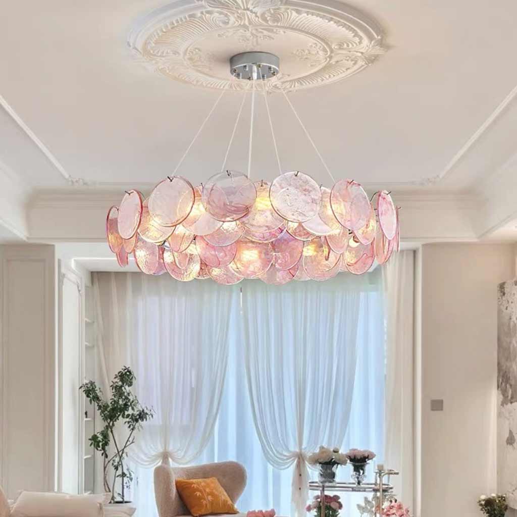 Murano Glass Disc Chandelier, Pink / Green