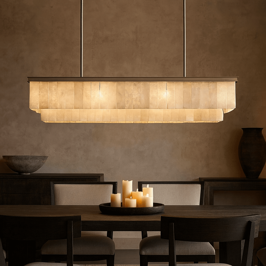 Detail of natural marble shades on the Windsor chandelier