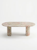 Natural Luxury Stone Oval Dining Table, One-Piece Solid Slab Cut, Unique Pink-Green Natural Veining, Sturdy Double Pedestal Base for Home Dining & Gatherings