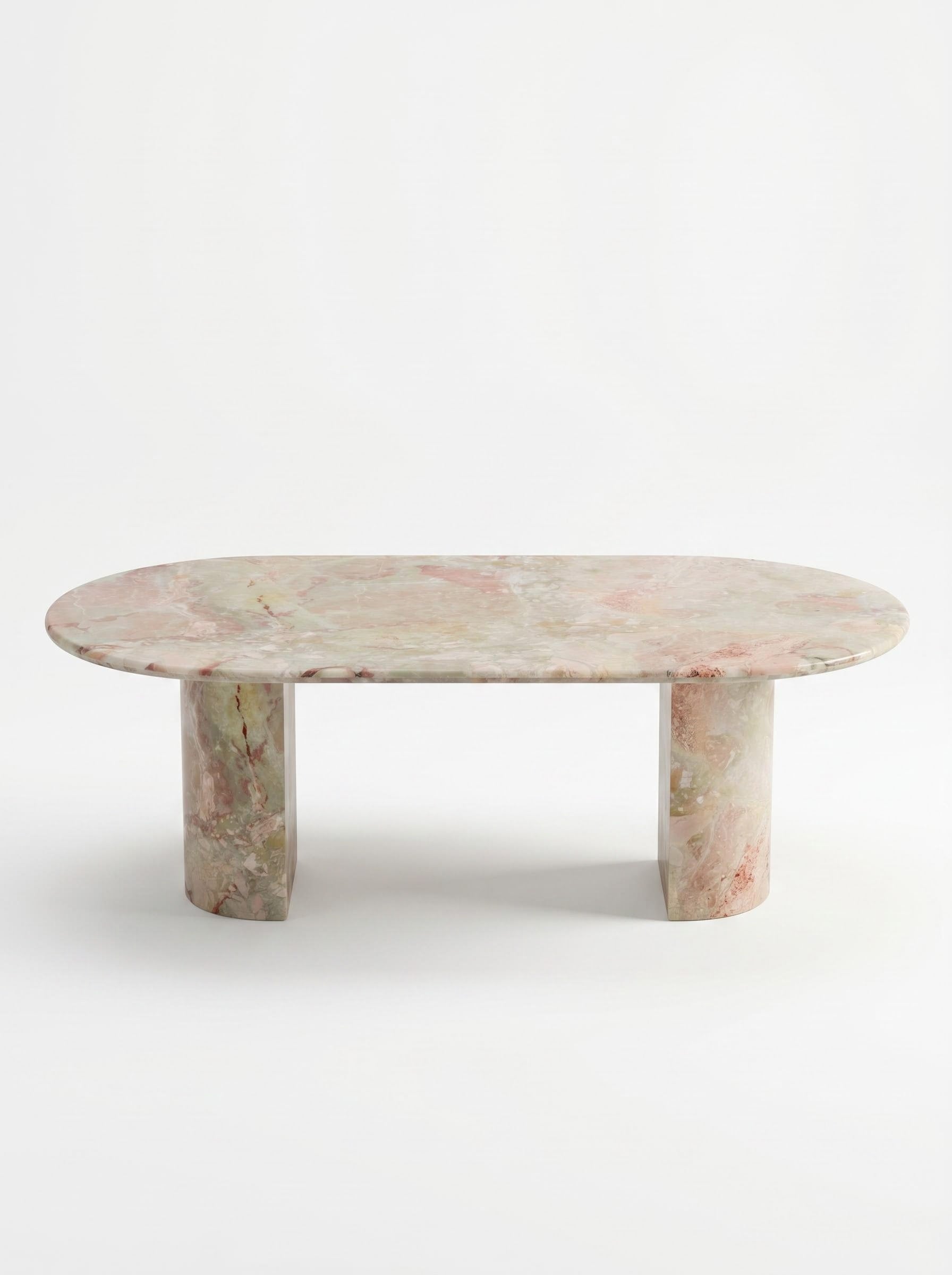 Natural Luxury Stone Oval Dining Table, One-Piece Solid Slab Cut, Unique Pink-Green Natural Veining, Sturdy Double Pedestal Base for Home Dining & Gatherings