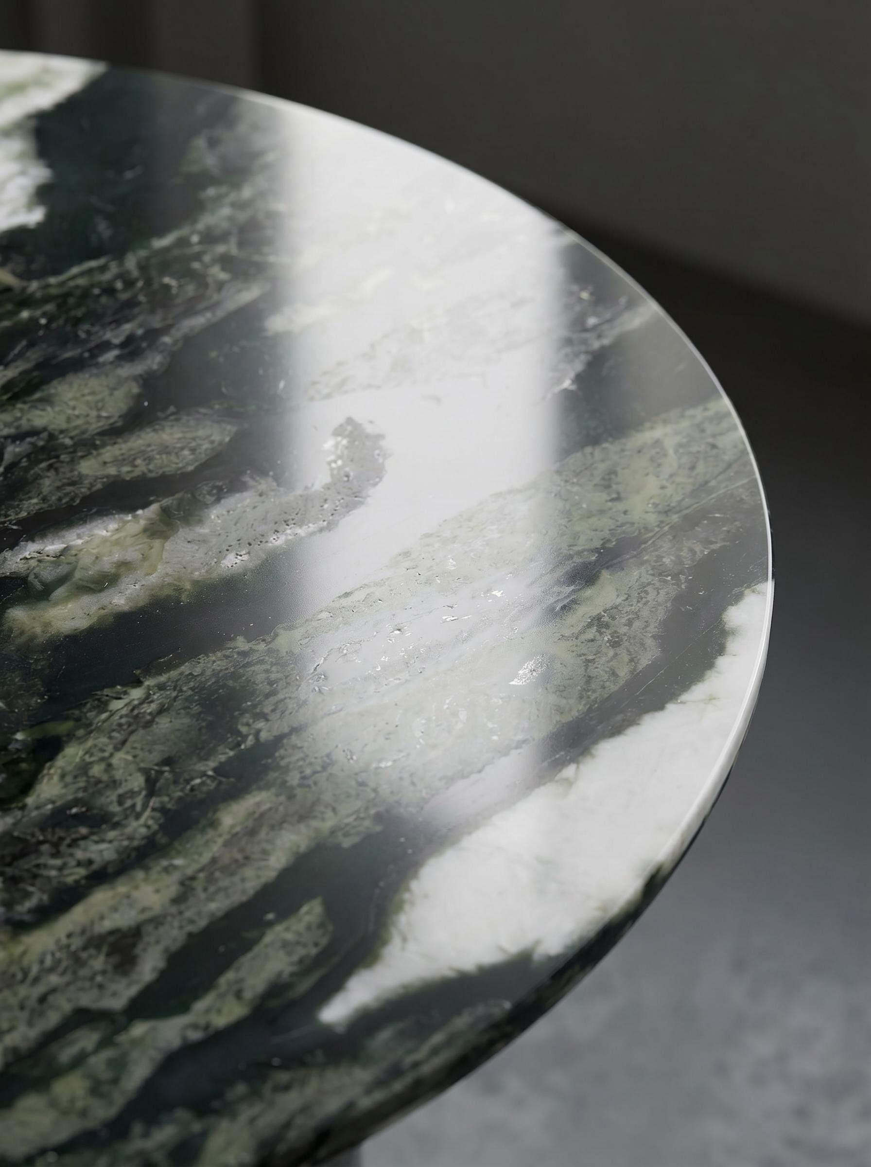 Luxury Green Forest Marble Oval Dining Table with Sculptural D-Shaped Pedestal Base