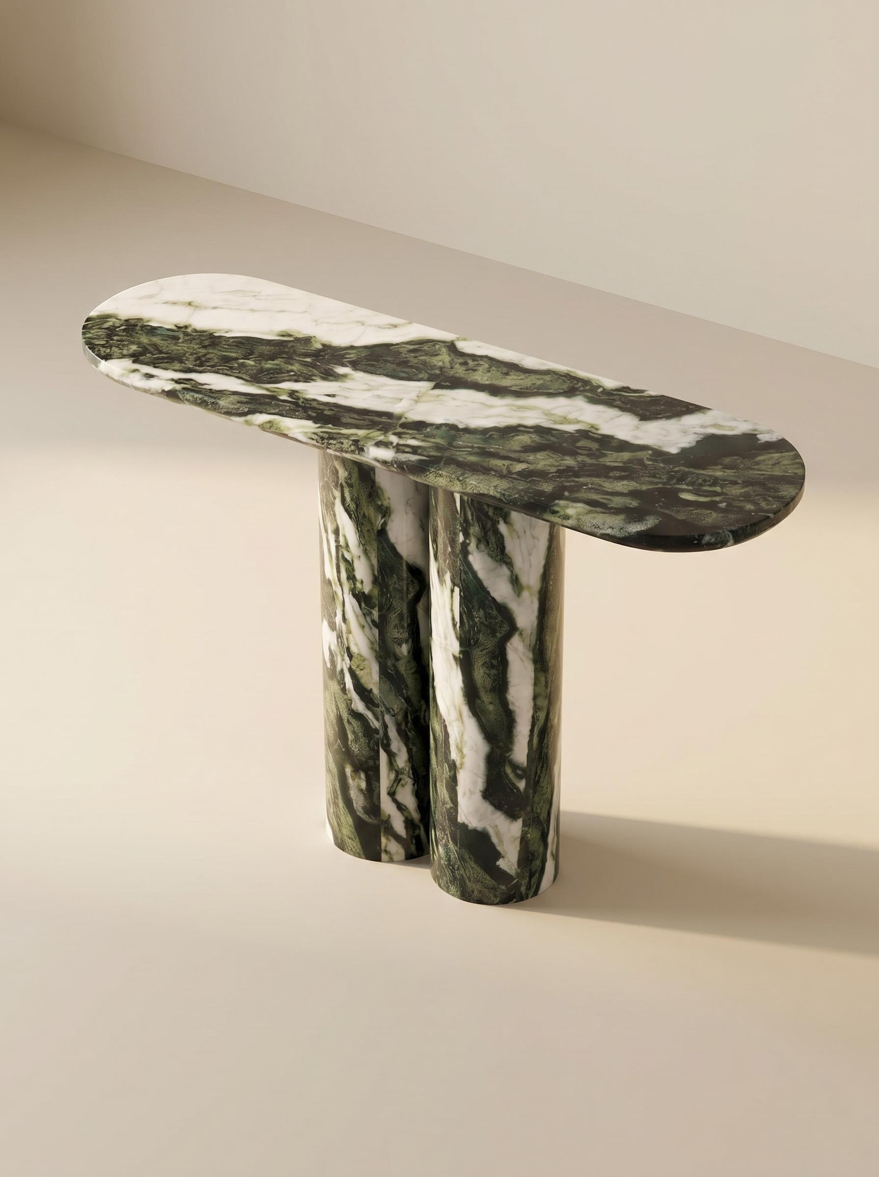 Green Forest Marble Console Table with Oval Shape Top and Double Cylinder Legs