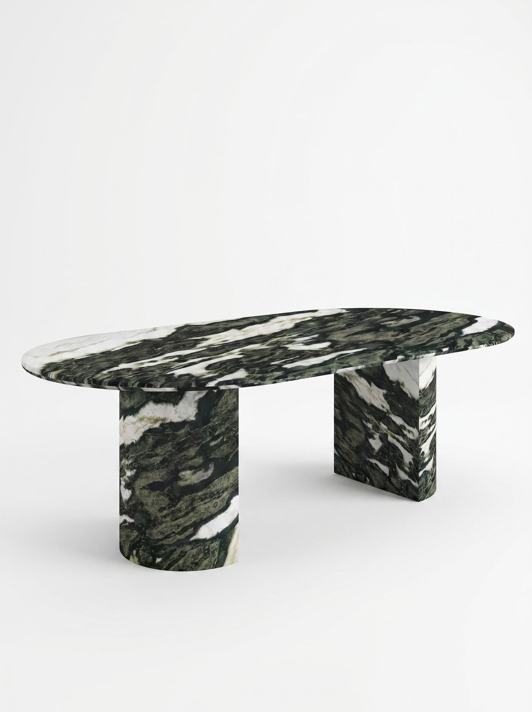 Luxury Green Forest Marble Oval Dining Table with Sculptural D-Shaped Pedestal Base