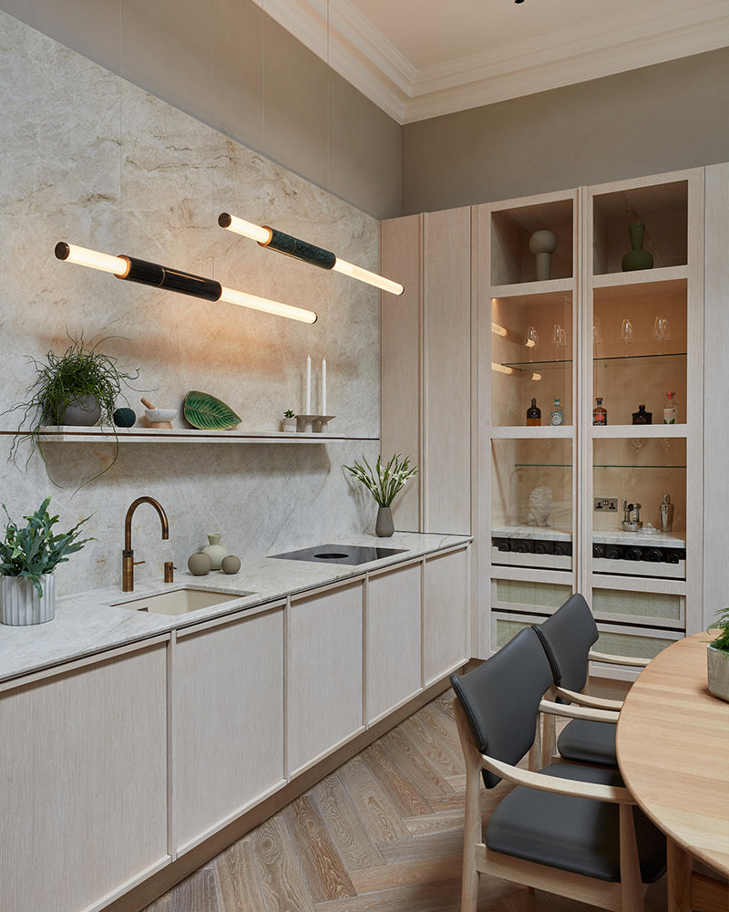 Linear Pipe Alabaster & Acrylic Pendant Light for dining room | vertically & horizontally