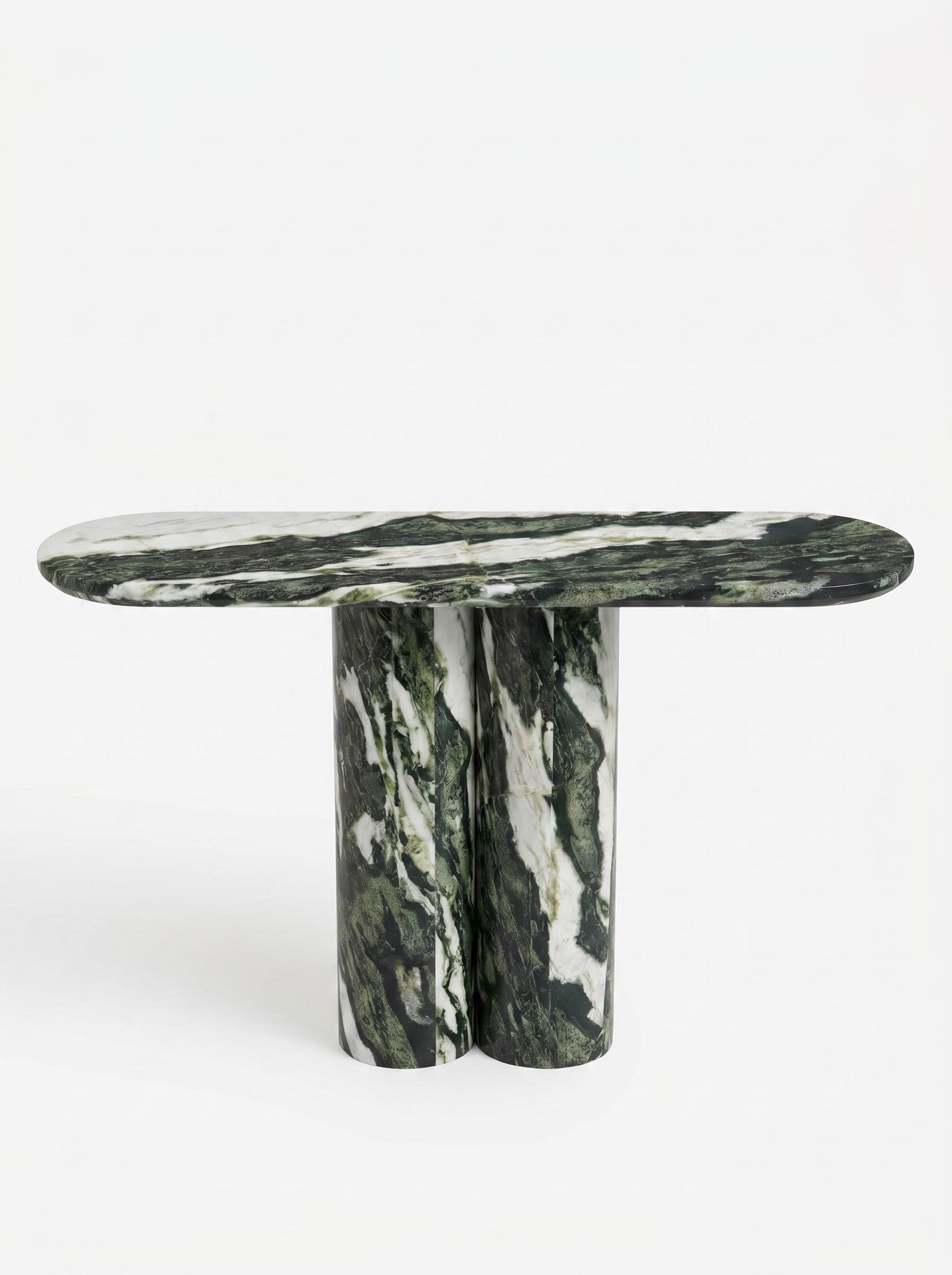 Green Forest Marble Console Table with Oval Shape Top and Double Cylinder Legs