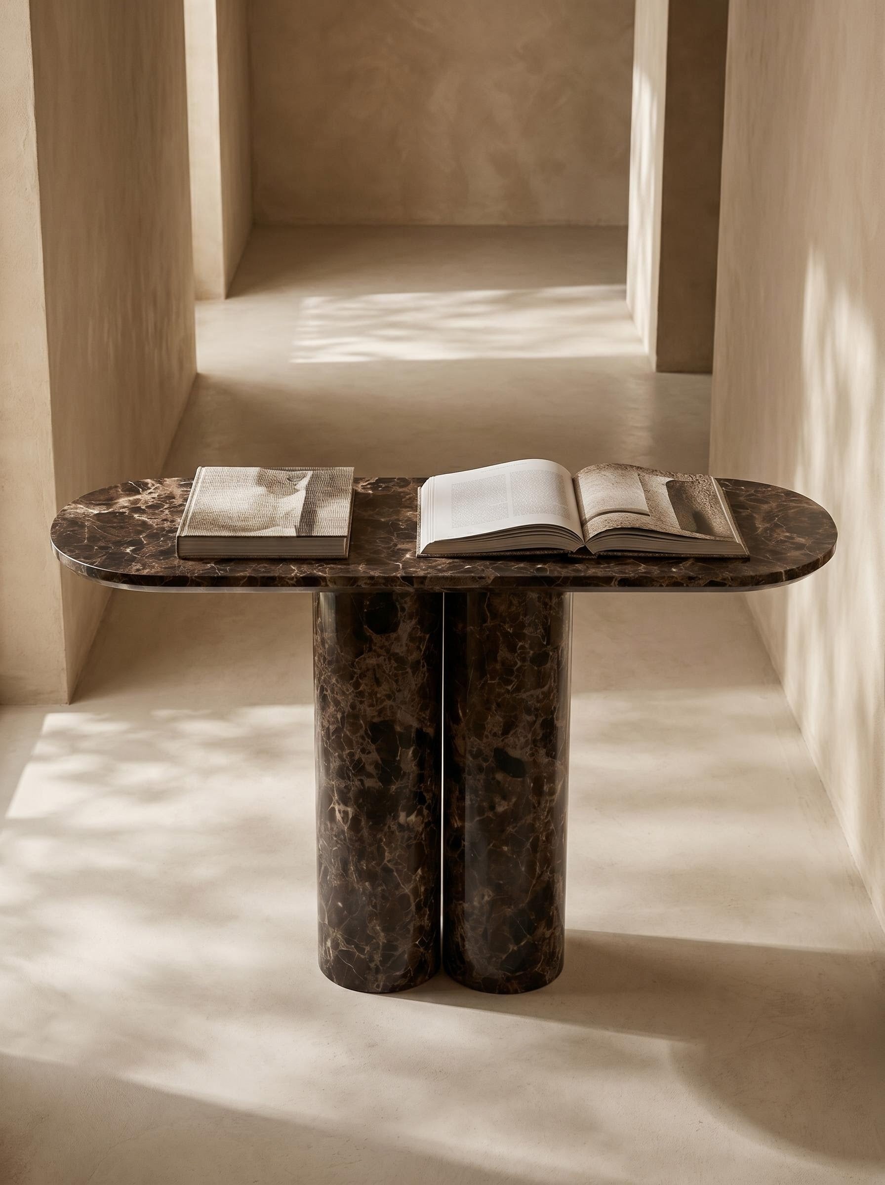 Luxury Emperador Marble Console Table with Oval Shape Top and Double Cylinder Legs