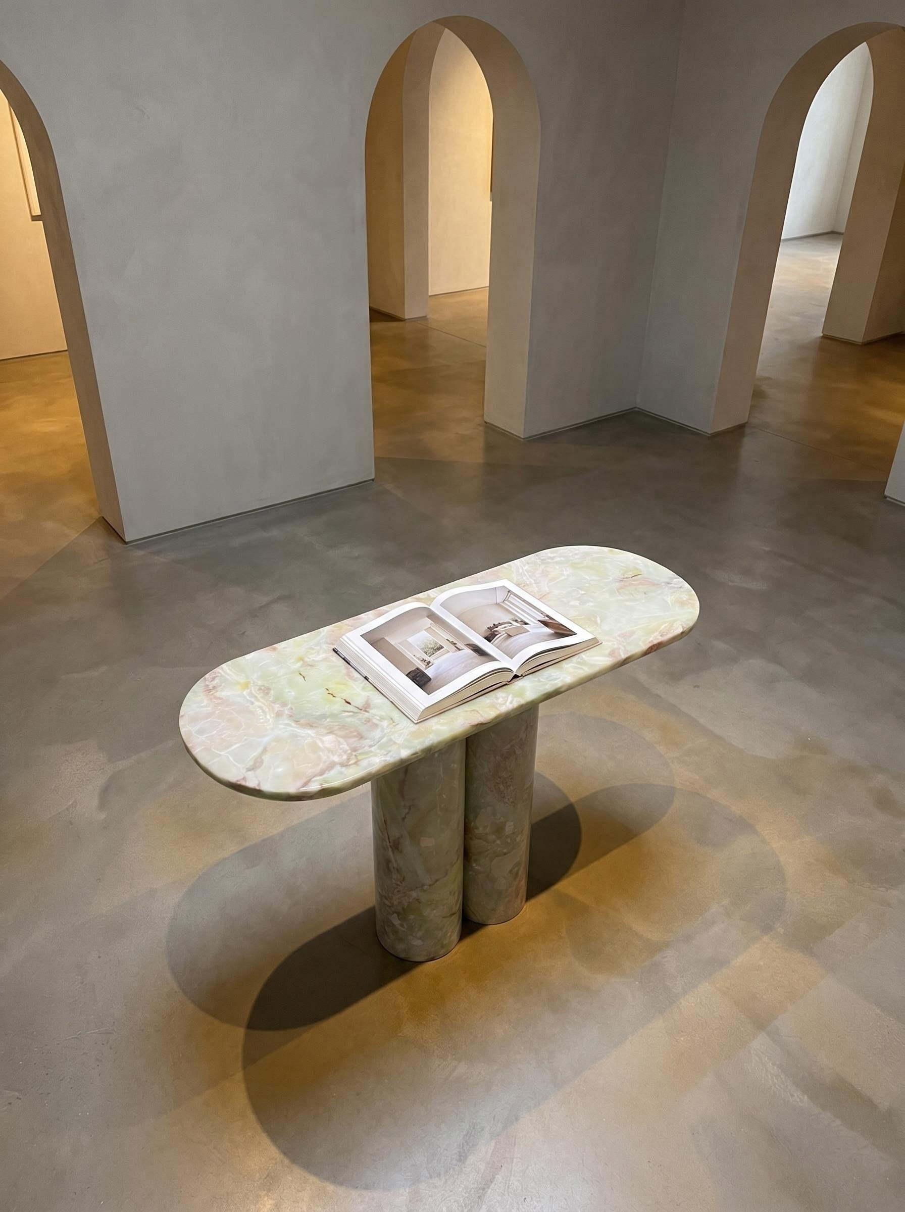 Light Green Natural Marble Double Column Oval Console Table, Luxury Entryway Accent Table for Home Decor