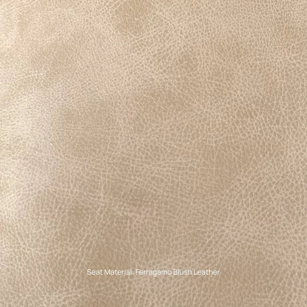 Close-up of beige leather texture with 'Ferragamo Blush Leather' text.