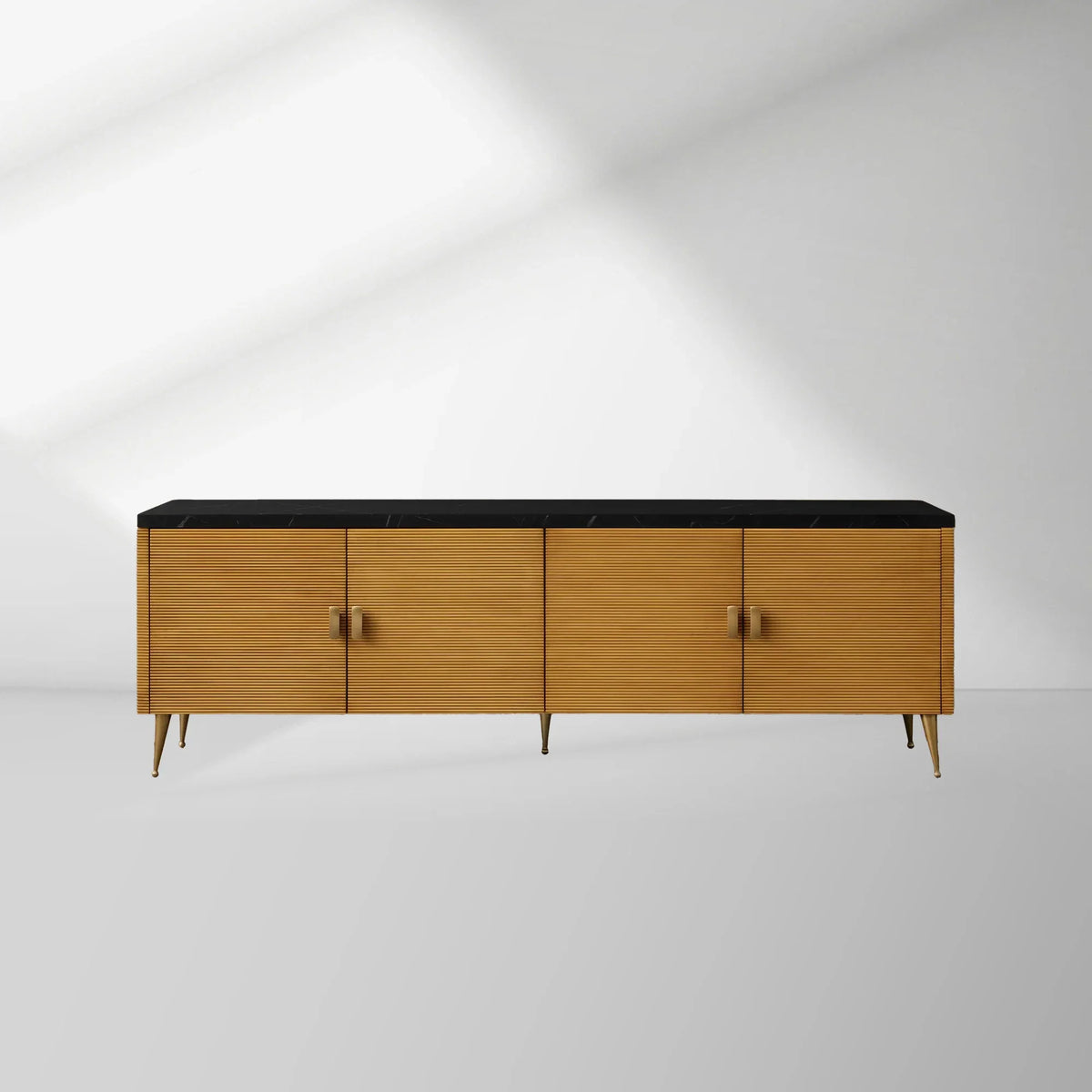 Giselle Media Console in Mahogany with Marble Top and Reeded Doors