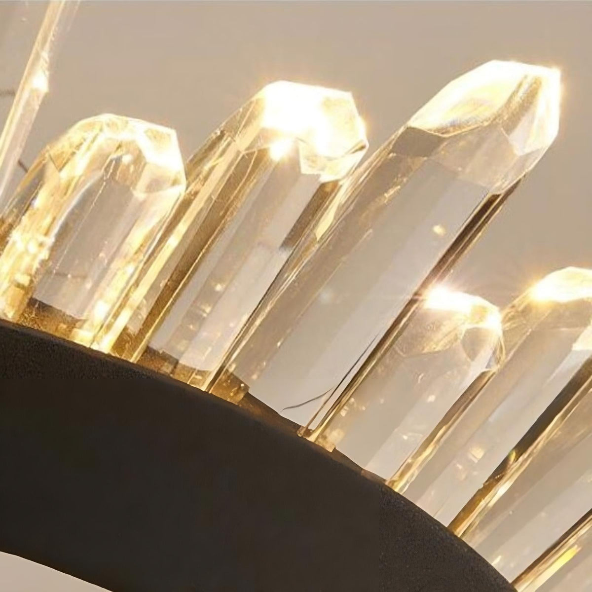 Detail of hand-finished clear crystal on the Collins chandelier's brushed black stainless steel frame, from Morsale.com.