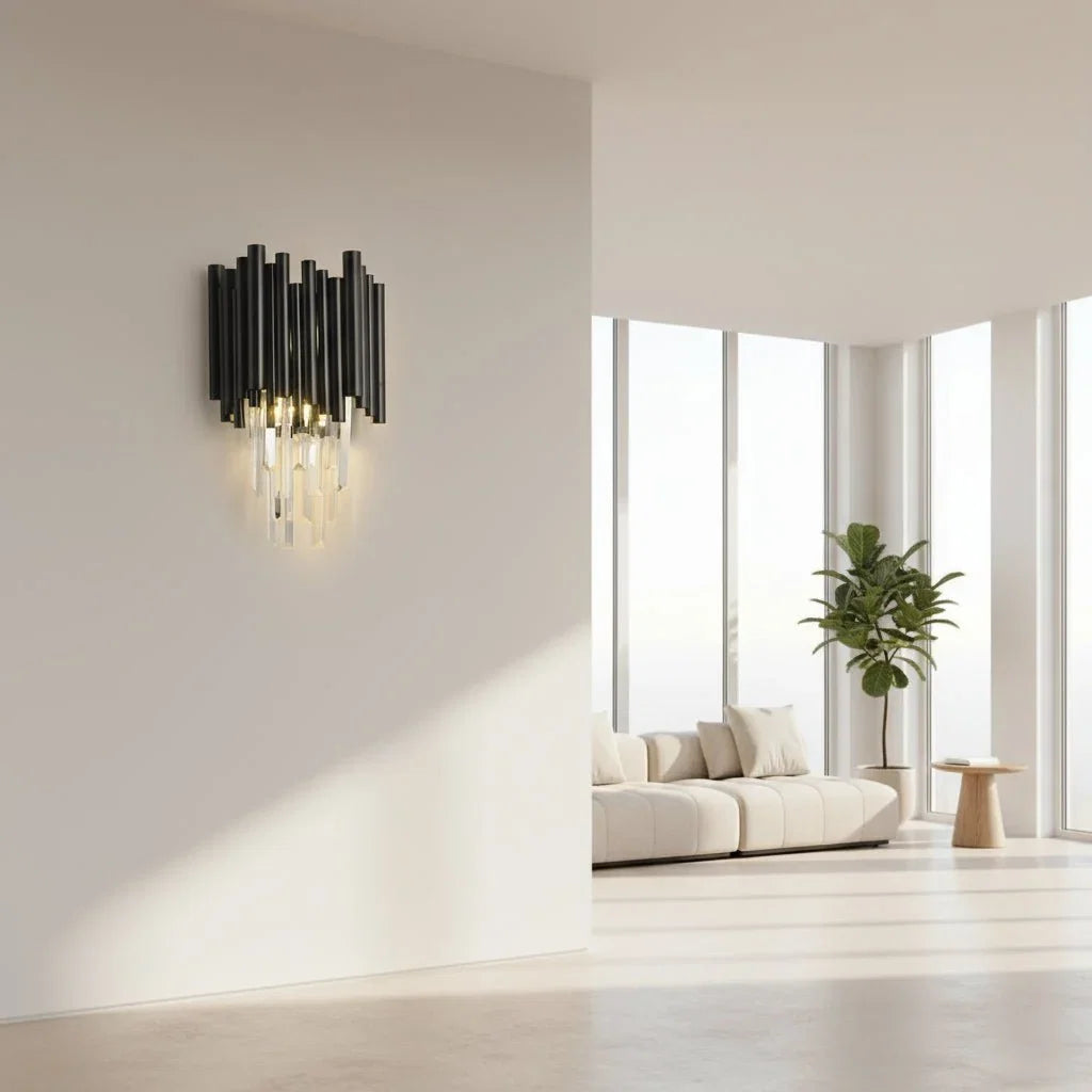 The Vigo crystal sconce from Morsale.com mounted on a wall, clear crystal details against a black finish.