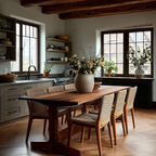 Modern kitchen with wooden dining table and chairs, large windows, and decorative plants.