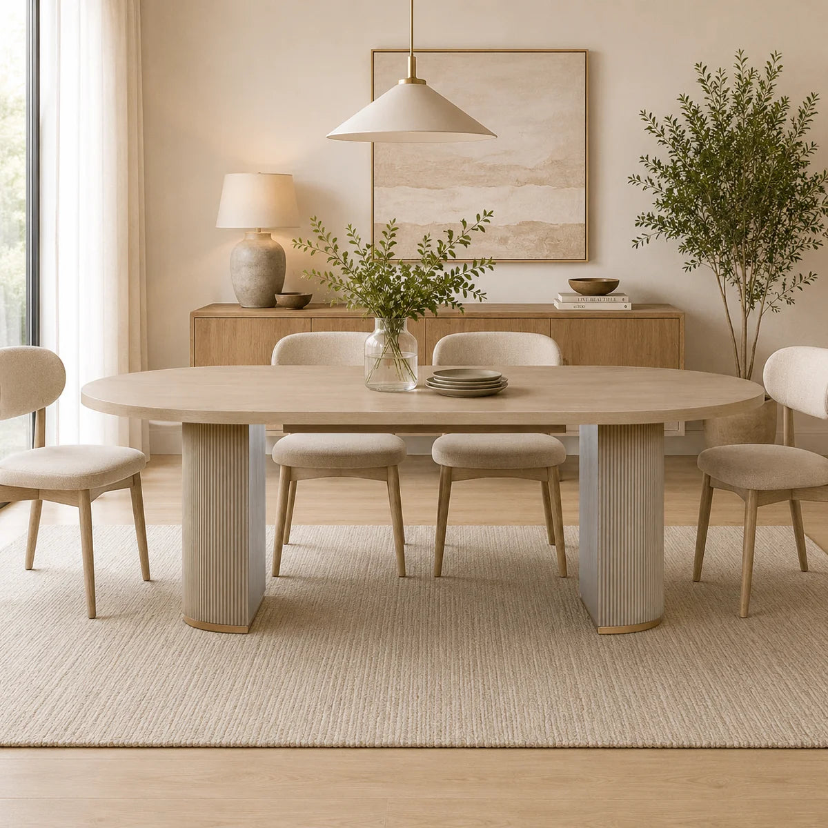 Aurelio 88" Fluted Oval Wood Dining Table for 6