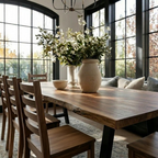 Close up view of a live edge walnut dining table in a well furnished dining room