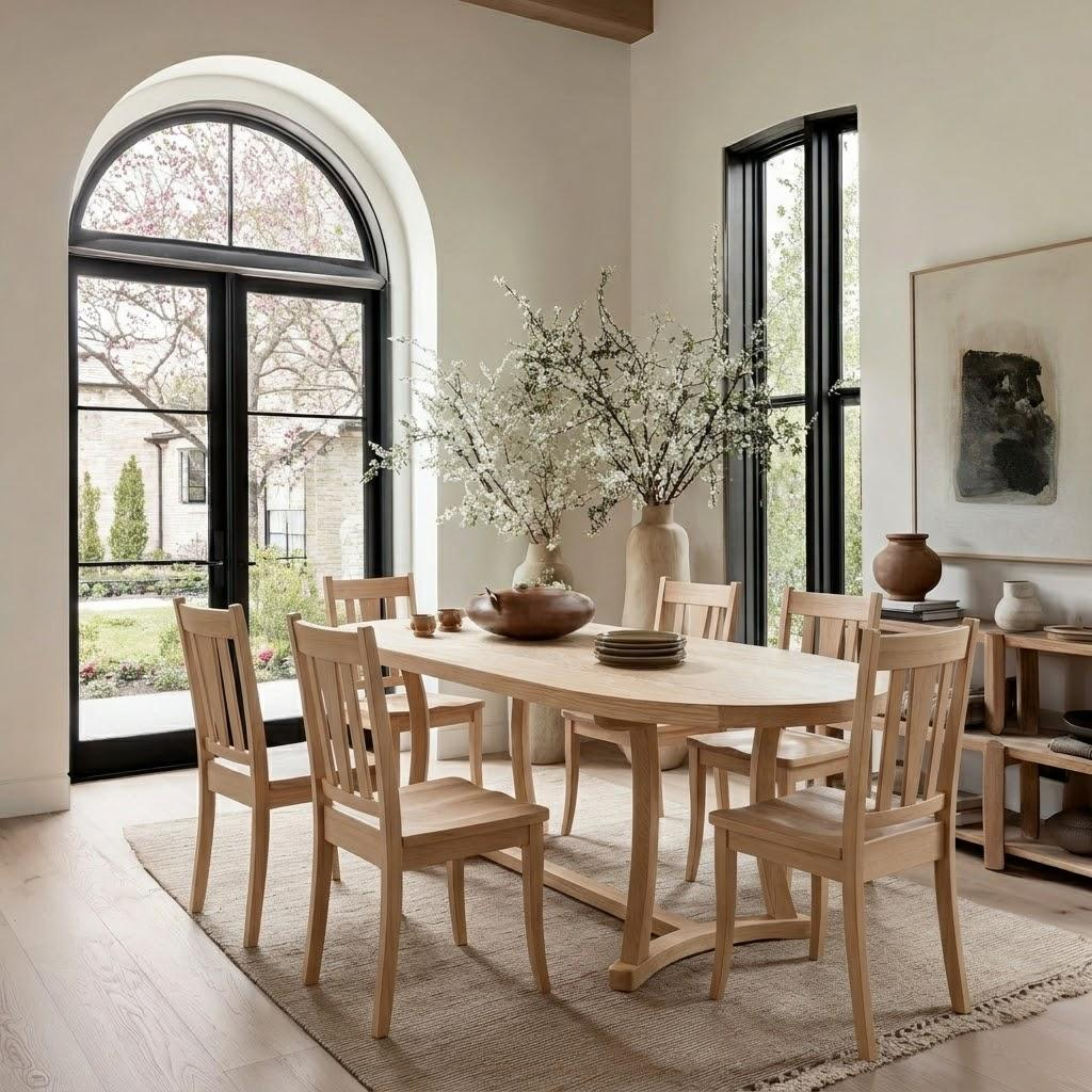 Dining room with wooden table and chairs, large windows, and decorative elements.