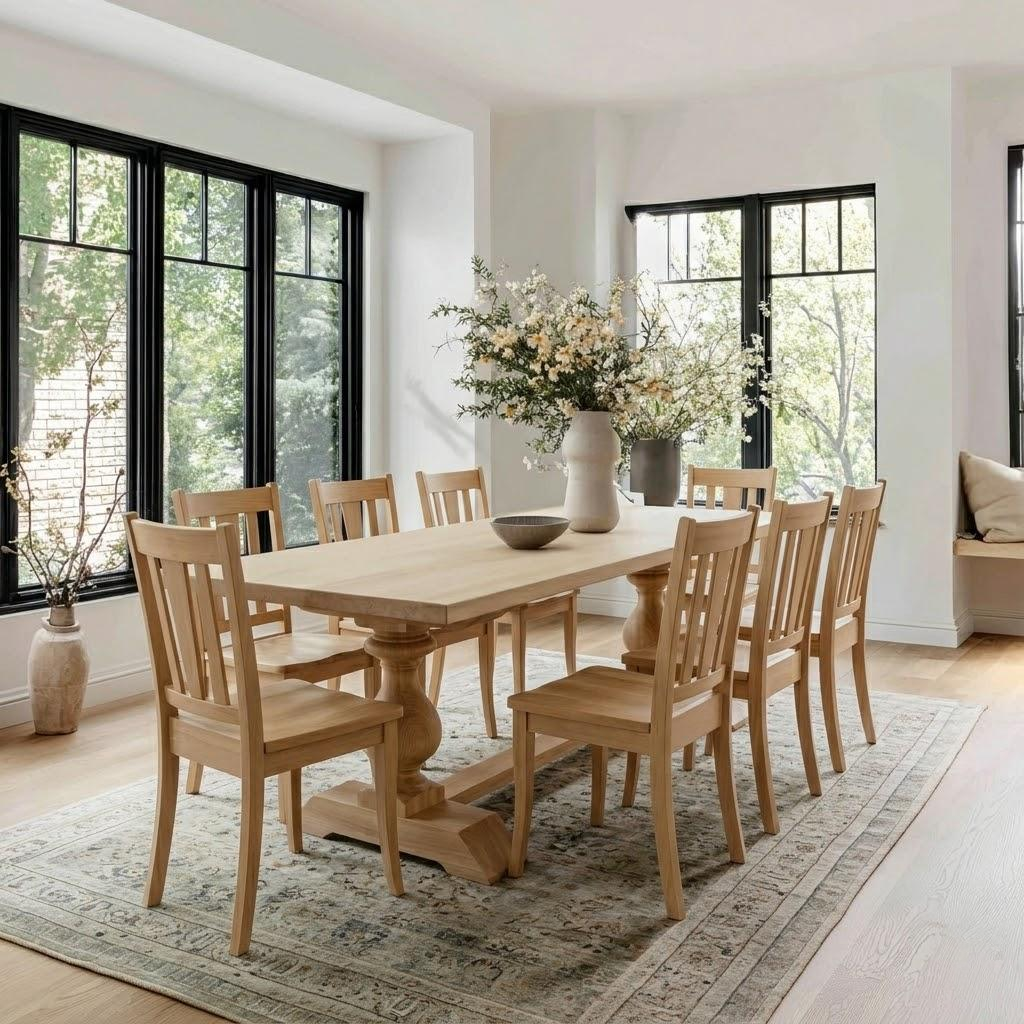 Dining room with wooden table and chairs in a bright room with large windows.