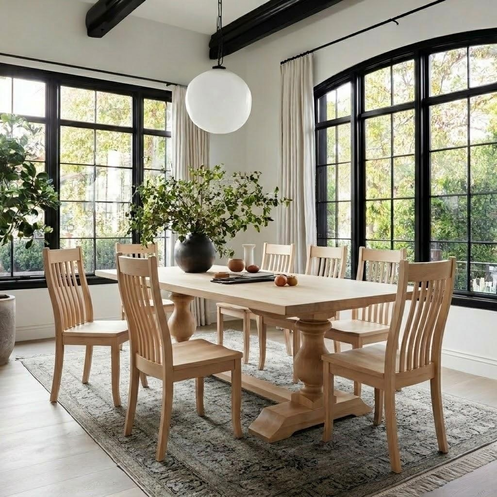 Dining room with wooden table and chairs near large windows.