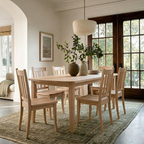 Dining room with wooden table and chairs, large windows, and a rug.
