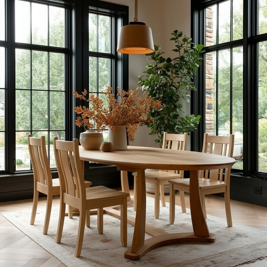 Dining room with wooden table and chairs near large windows.