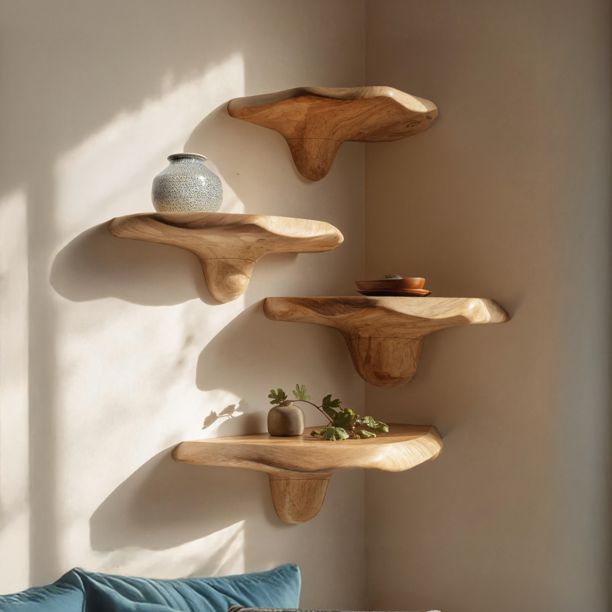 Mid Century Handcrafted Wooden Mushroom Shelf For Entryway Decor