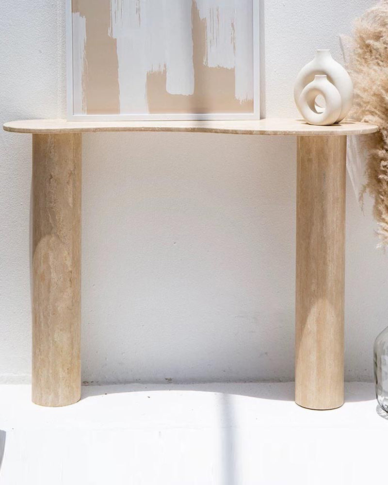 Natural Beige Travertine Wave Console Table - Block Base