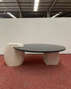 Nero Margiua Marble Coffee Table-White Travertine Block Base