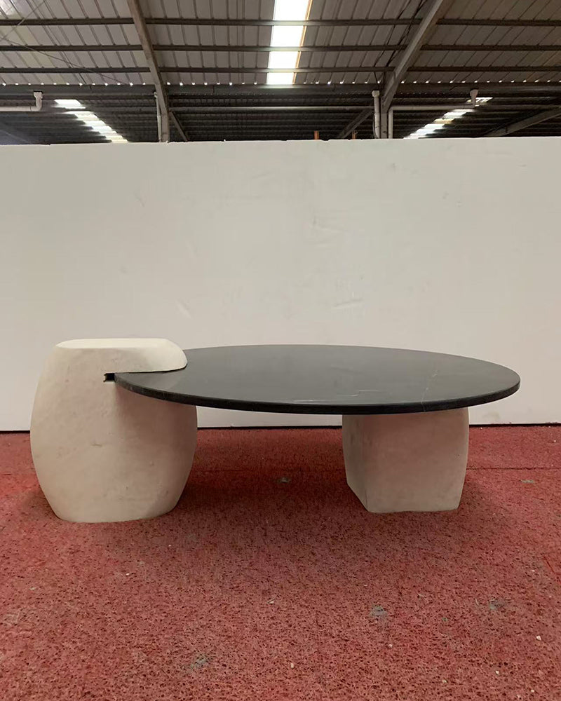 Nero Margiua Marble Coffee Table-White Travertine Block Base