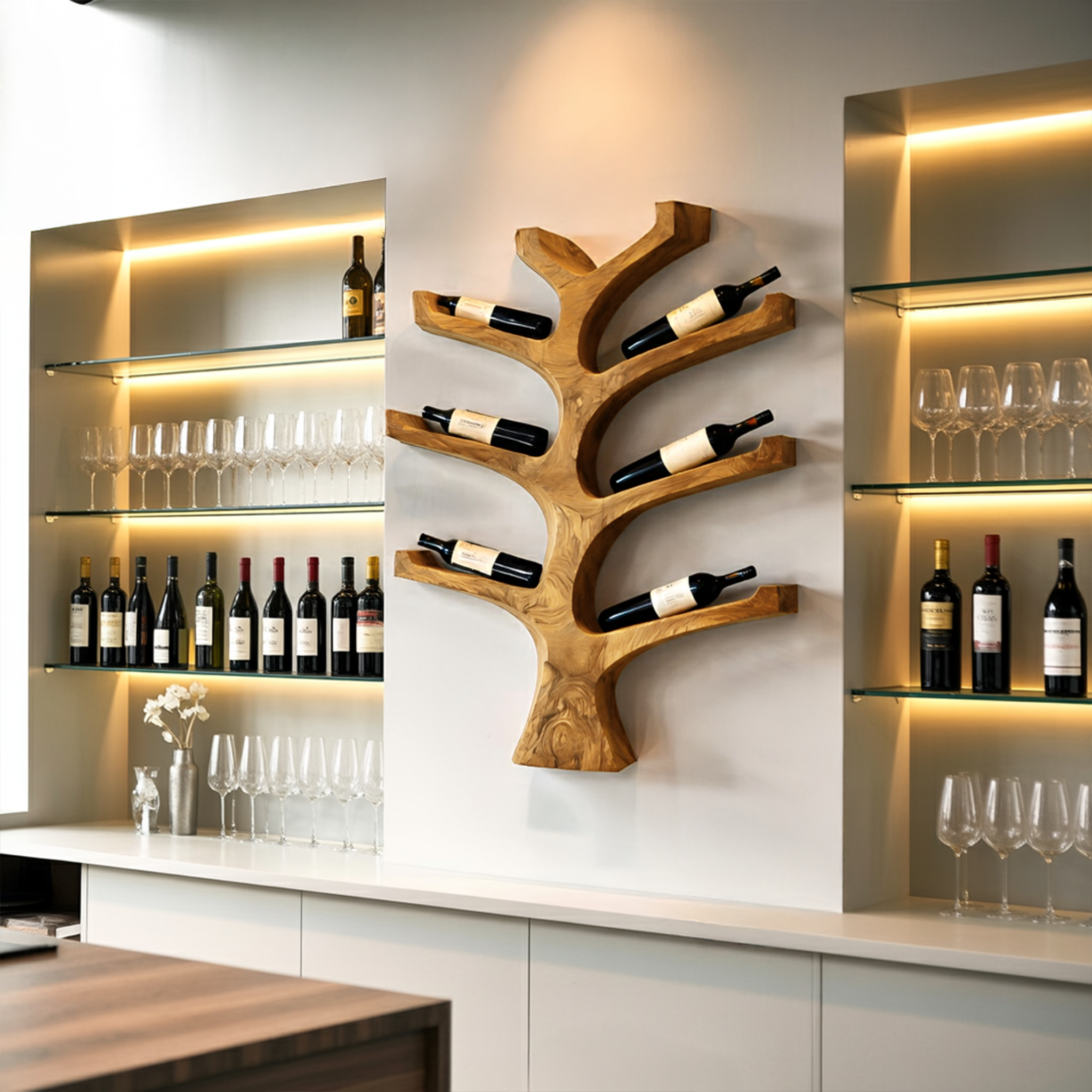 Rustic Wall Mounted Tree Branch Wine Bottle Holder For Kitchen