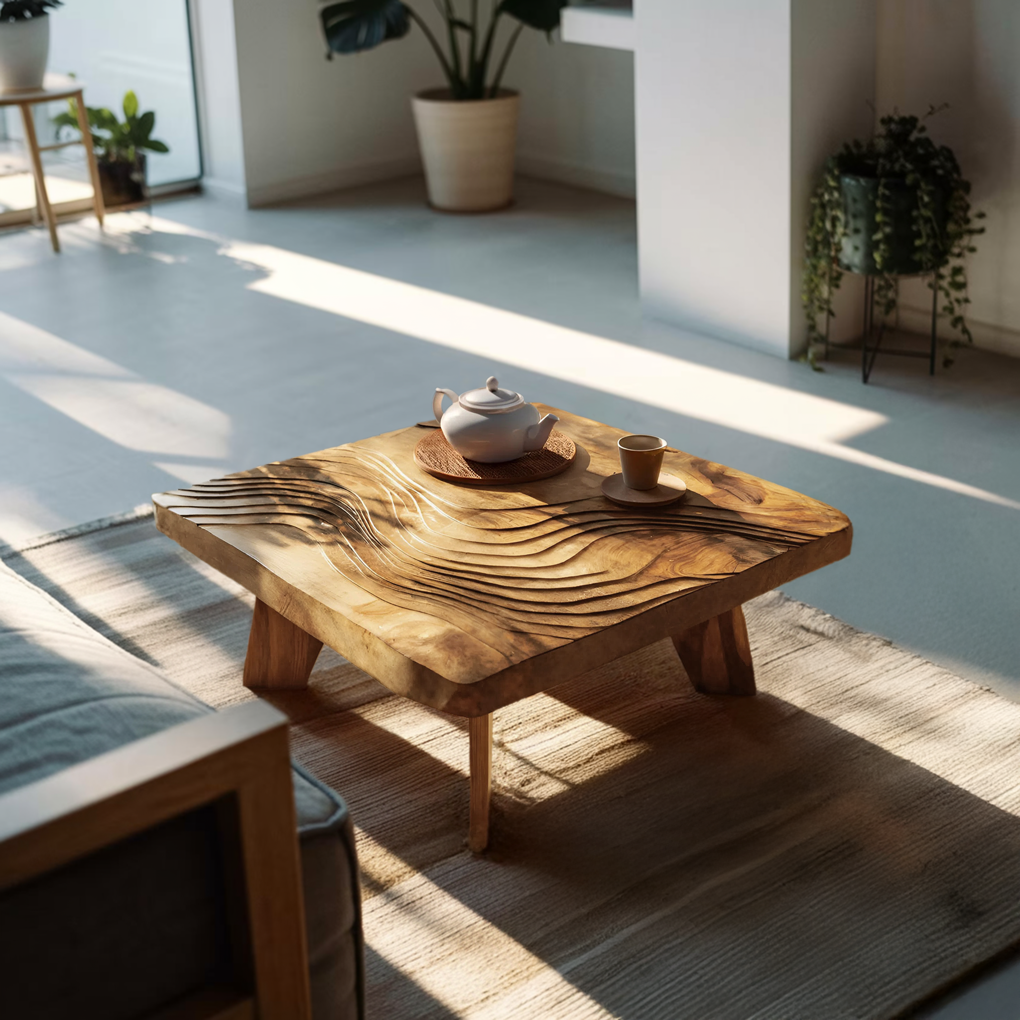 Mid Century Solid Wood Abstract Coffee Table For Living Room