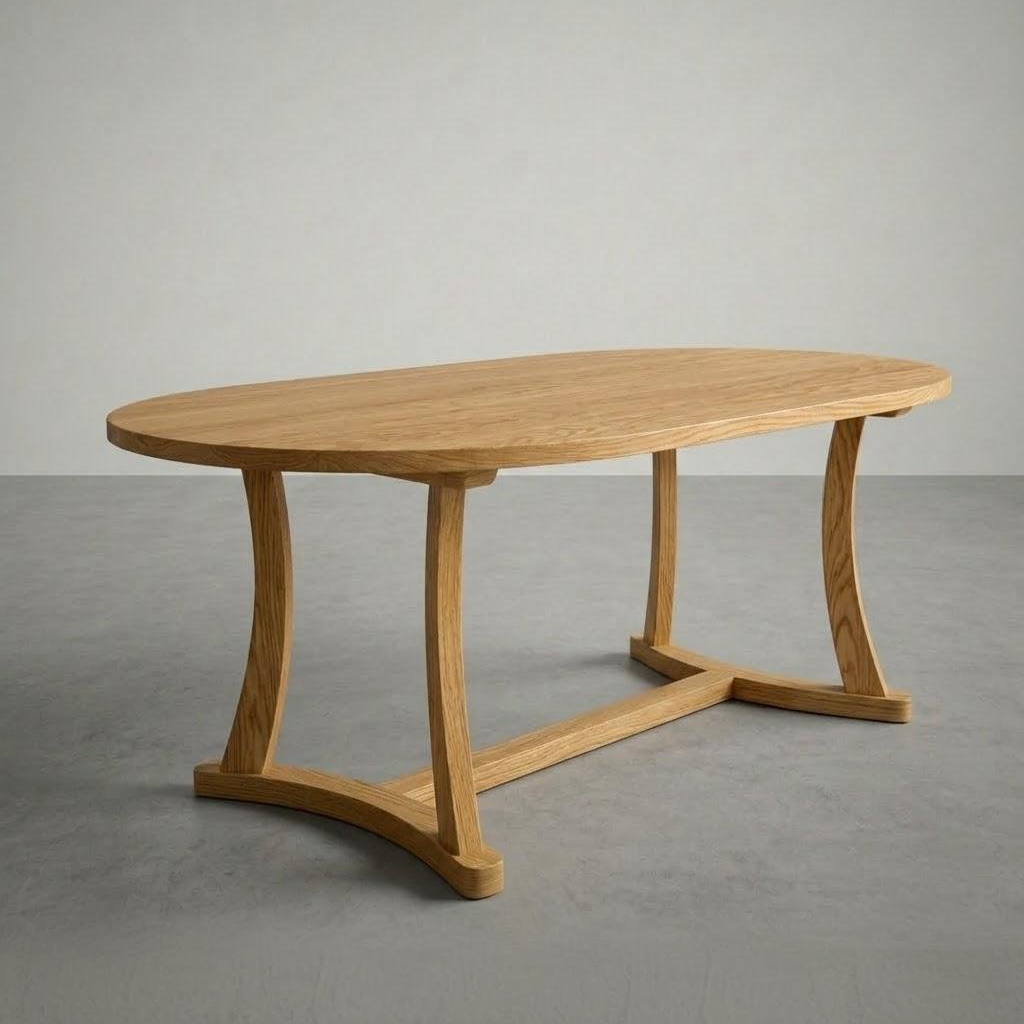 Wooden dining table with a minimalist design on a gray background